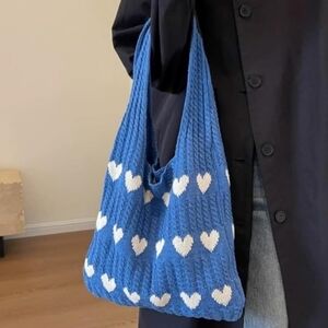 Heart Graphic Knit Tote Shoulder Bag